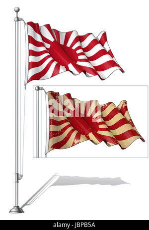 Vector Illustration d'un drapeau de la Marine impériale japonaise ondulant dans un clean-cut et une vieille version, la fixer sur un mât. Les deux versions sont en place au sein de groupes distincts. Drapeaux et pole en couches séparées ; l'art de la ligne, l'ombrage et la couleur parfaitement dans des groupes pour faciliter les modifications. Banque D'Images