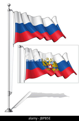 Vector Illustration d'une forme nationale russe et les drapeaux d'État fixer sur un mât.Les deux versions sont en place au sein de groupes distincts. Drapeaux et pole en couches séparées ; l'art de la ligne, l'ombrage et la couleur parfaitement dans des groupes pour faciliter les modifications. Banque D'Images