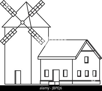 Ancien moulin à vent traditionnel ferme construction Illustration de Vecteur