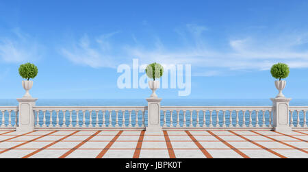 Vide d'une terrasse donnant sur la mer avec balustrade en béton et carrelage- rendering Banque D'Images