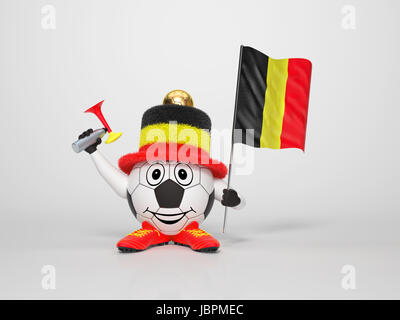 Un mignon et drôle personnage soccer tenant le drapeau national de Belgique et une corne vêtus aux couleurs de la Belgique sur fond lumineux soutenir son équipe Banque D'Images