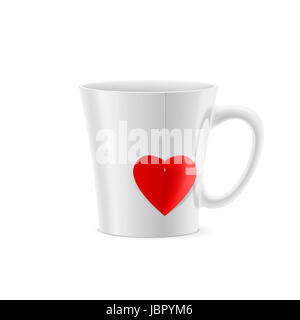 Tasse blanche avec fond conique avec un sachet de thé en forme de coeur Banque D'Images