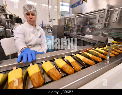 Kozichovice, République tchèque. 06 Juin, 2017. Le volume des ventes au détail de paniers-ice cream a progressé de 2 pour cent à Kc3.03bn à partir de mai 2016 jusqu'à la fin d'avril 2017 mais le montant de la vente de la crème glacée a chuté de 2,7 pour cent à 34,1 millions de litres, selon les données de Nielsen Company CTK. Dans la production de glace-cram dans Kozichovice société Tipafrost, République tchèque, le 6 juin, 2017. Credit : Lubos Pavlicek/CTK Photo/Alamy Live News Banque D'Images