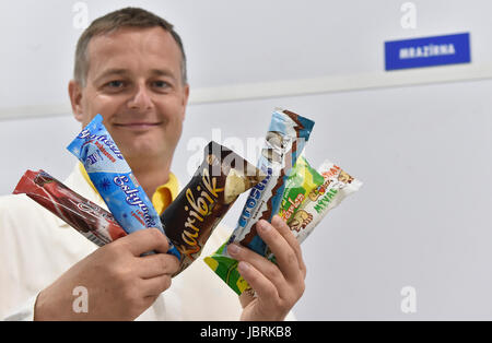 Kozichovice, République tchèque. 06 Juin, 2017. Le volume des ventes au détail de paniers-ice cream a progressé de 2 pour cent à Kc3.03bn à partir de mai 2016 jusqu'à la fin d'avril 2017 mais le montant de la vente de la crème glacée a chuté de 2,7 pour cent à 34,1 millions de litres, selon les données de Nielsen Company CTK. Directeur des ventes Tomas Hlavacek de ice-cream producteur Tipafrost montre diverses Tipafrost en Kozichovice, République tchèque, le 6 juin, 2017. Credit : Lubos Pavlicek/CTK Photo/Alamy Live News Banque D'Images