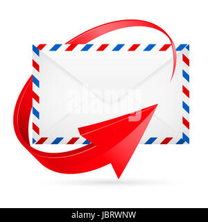 Avia-mail enveloppe avec panneaux flèche rouge autour. Banque D'Images