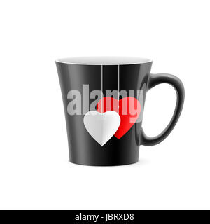 Tasse noire avec fond conique avec un sachet de thé en forme de coeur Banque D'Images