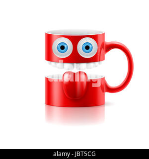 Tasse rouge de deux parties avec dents, de la langue et un couple des yeux bleus. Banque D'Images