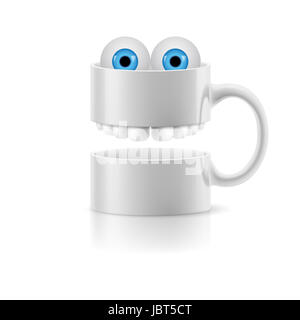 Mug blanc de deux parties avec dents et un couple de froggy bleu les yeux. Banque D'Images