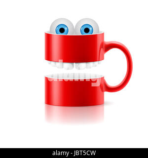 Tasse rouge de deux parties avec dents et un couple de froggy bleu les yeux. Banque D'Images