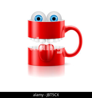 Tasse rouge de deux parties avec dents, de la langue et un couple de froggy bleu les yeux. Banque D'Images