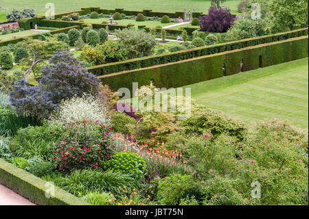 Jardins du Château de Powis, Welshpool, Pays de Galles, Royaume-Uni. Cette 17c jardin baroque est célèbre pour ses énormes topiaires antique des ifs et des haies Banque D'Images