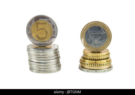 Pile de zloty polonais et les pièces en euros isolé sur fond blanc avec clipping path Banque D'Images