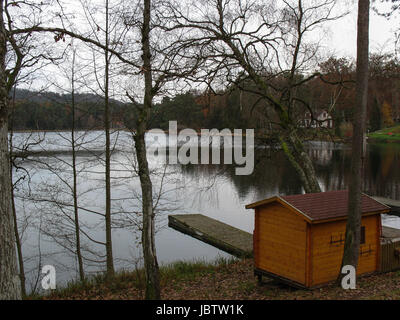 Ponton en bois et lac dans les Vosges en hiver Banque D'Images