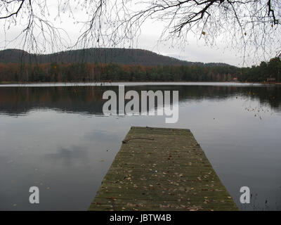 Ponton en bois et lac dans les Vosges en hiver Banque D'Images