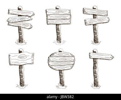 Ensemble de croquis vecteur style panneau en bois debout dans l'herbe. Ronde dessiné à la main, flèche et formes carrées en bois blanc collection d'orientation Illustration de Vecteur