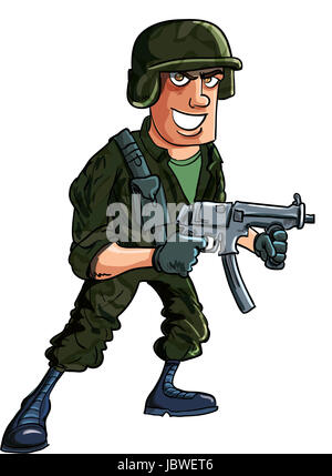 Soldat Cartoon avec des sous-mitrailleuse. Isolated on white Banque D'Images