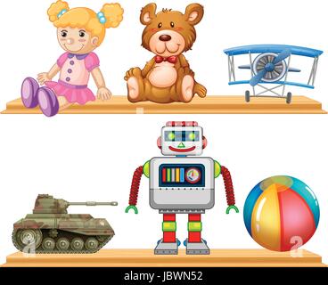 Différents types de jouets sur planche en bois illustration Illustration de Vecteur