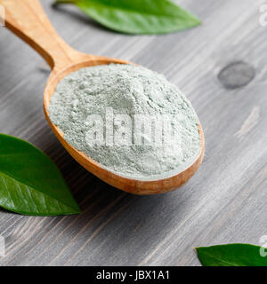 Close-up d'une argile gris sec cosmétique dans une cuillère en bois sur une table en bois noir. Décorées avec des feuilles vertes. Banque D'Images