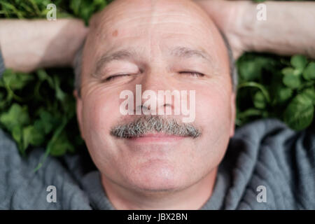 Happy mature Man Lying On Green Grass. Il sourit et ferme les yeux. Reposant sur la nature Banque D'Images