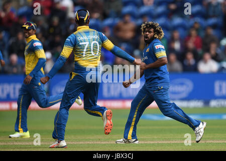 Sri Lanka's Lasith Malinga (à droite) célèbre en tenant le wicket de Shoaib Malik du Pakistan au cours de l'ICC Champions trophy, Groupe B match à Cardiff au Pays de Galles Stade. Banque D'Images