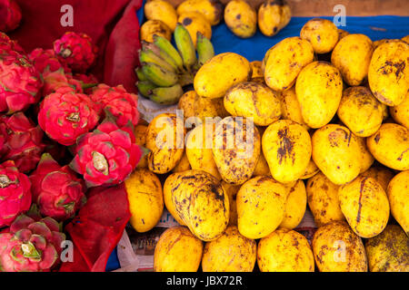 Les mangues et les fruits du dragon à l'échoppe de marché à Chiang Mai, Thaïlande. Banque D'Images