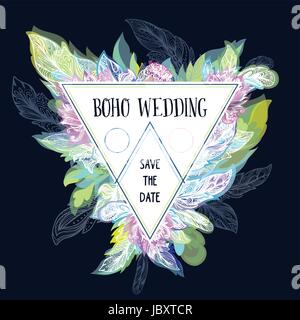 Bâti en forme de triangle créatif avec des plumes et de fleurs sur fond bleu pour la conception d'invitation Illustration de Vecteur