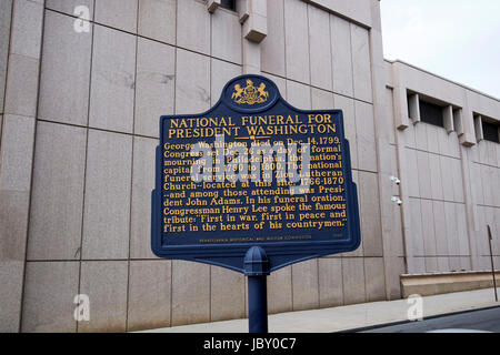 Ancien site de sion église luthérienne funérailles nationales pour le président washington Philadelphie USA plaque Banque D'Images