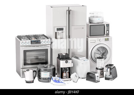 Ensemble de l'électroménager de cuisine. Grille-pain, lave-linge, réfrigérateur, fer à repasser, cuisinière à gaz, électrique, mixer, blender, yaourtière, multicooker, micro-ondes, Banque D'Images