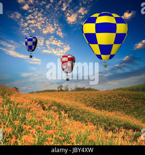 Hot Air Balloon avec green field and blue sky pour adv ou autres fins utiliser Banque D'Images