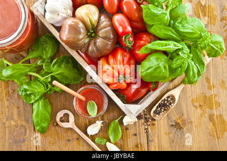 Hausgemachte Tomatensauce mit frischen Tomaten und Kraeutern Banque D'Images