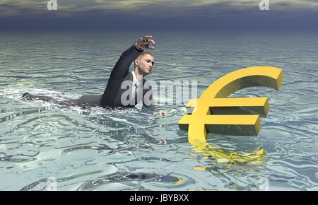 Businessman et golden euro naufrage dans l'eau par jour nuageux gris Banque D'Images