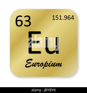 L'europium noir dans l'élément de forme carré doré isolé en fond blanc Banque D'Images