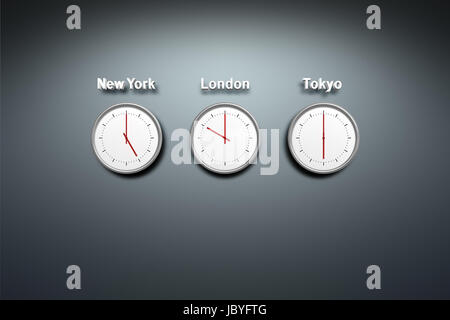 New York - Londres - Tokyo - temps 3 horloges au mur Banque D'Images