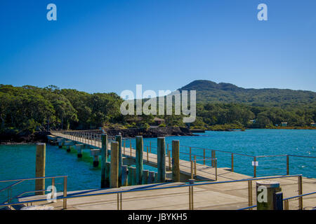 Quai de l'île de Rangitoto, golfe d'Hauraki, Nouvelle-Zélande, en une journée ensoleillée. Banque D'Images