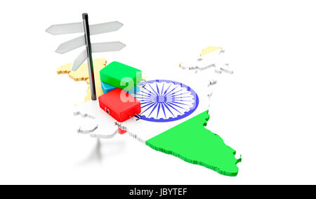 Moteur de rendu 3d image. Carte de l'Inde avec des valises et panneau. Concept de voyage. Isolé sur fond blanc Banque D'Images