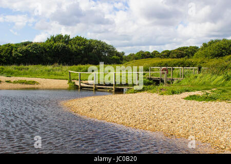 La remote shell beach en poudre et pied en bois pont sur le Solent, Southampton Water à la fin de l'hameçon Lane bridle path,commune Titchfield Banque D'Images