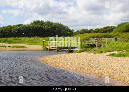 La remote shell beach en poudre et pied en bois pont sur le Solent, Southampton Water à la fin de l'hameçon Lane bridle path,commune Titchfield Banque D'Images