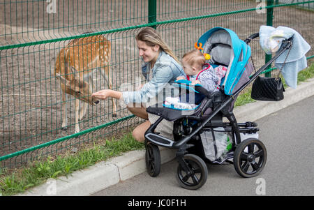 Beautiful smiling mother nourrir les cerfs par clôture sur le zoo Banque D'Images