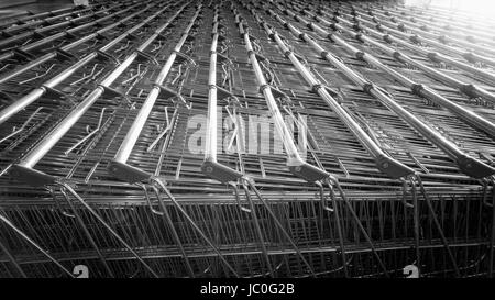 Photo en noir et blanc gros plan de caddies en longues rangées Banque D'Images