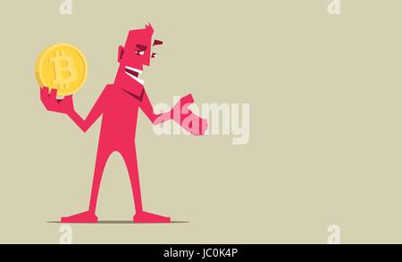 Cartoon homme debout, souriant et avoir une grosse bitcoin. Illustration de Vecteur