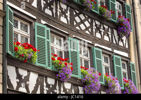 Blumenfenstern Fachwerkhaus mit Banque D'Images