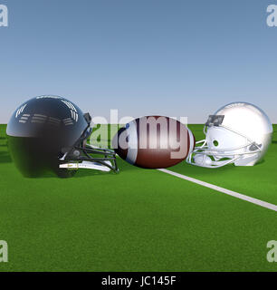 Le football américain et des casques sur une pelouse verte, 3D render Banque D'Images