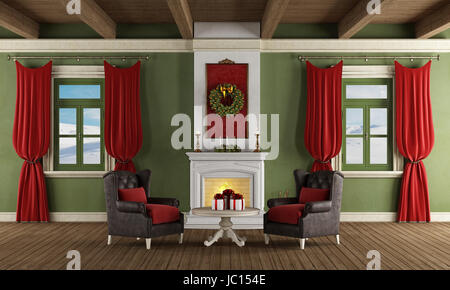 La vie de luxe avec cheminée, deux fauteuils en cuir et décoration de Noël - rendering Banque D'Images