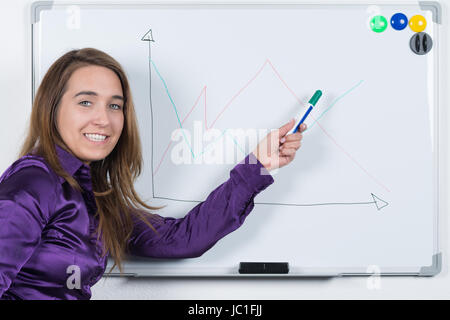 Eine junge, lächelnde zeigt Frau mit einem Stift auf ein während Sie im Büro Tableau blanc steht. Die Frau schaut zur Kamera. Banque D'Images