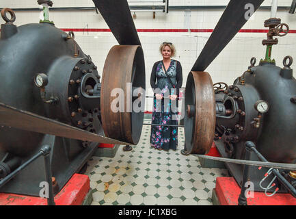 Alicja Kuberka de Pologne se tient entre les pompes à grand prix de la machine dans son ancienne maison près de la rivière Oder à Francfort/Oder, Allemagne, 12 juin 2017. Ailcja Kuberka est un restaurateur de bois de Varsovie et est propriétaire du bâtiment de Frankfurt/Oder. Les 42 ans, sur les plans de la chambre de pompe tournant historique dans un logement pour cyclotouristes à la piste cyclable d'Oder-Neisse, qui mène directement devant le bâtiment. Photo : Patrick Pleul/dpa-Zentralbild/ZB Banque D'Images