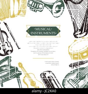 Instruments de musique - carte postale couleur modèle dessiné à la main. Illustration de Vecteur