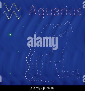Signe astrologique Verseau contour avec de petites étoiles sur le fond bleu du ciel étoilé ondulées, vector illustration Illustration de Vecteur