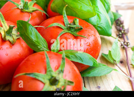 Tomates mûres biologiques fraîchement récoltées avec l'eau, le basilic vert sur la table de jardin en bois patiné, régime végétarien sain, propre manger Banque D'Images
