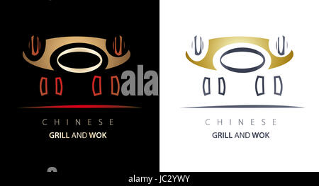 Grill et wok chinois illustration logo modèle dans deux variations Banque D'Images