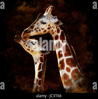 Aquarelle peinture digitale de la mère et du bébé girafes sur fond sombre Banque D'Images